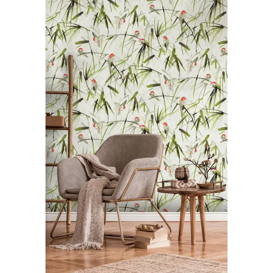 Livingwalls fotobehang vogels beige, groen, zwart en rood - 159 x 280 cm