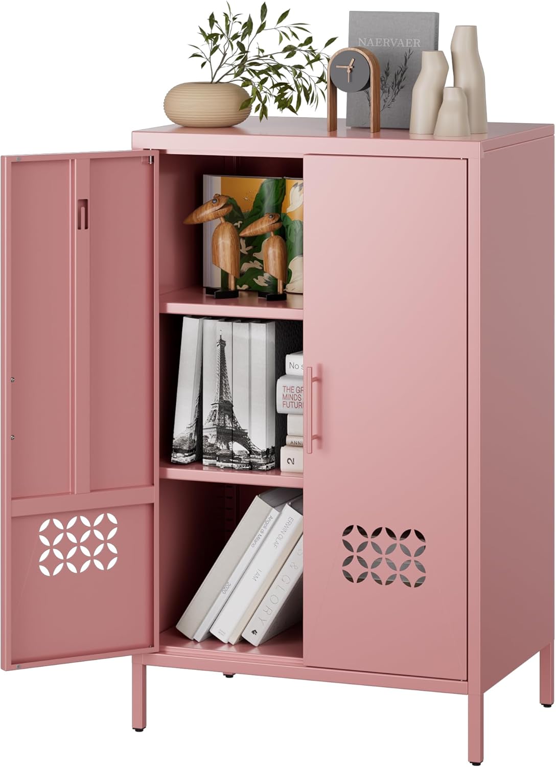 Metal Storage Cabinet with Adjustable Shelves,Metal Sideboard Cabinet with 2 Doors for Home,Office, 42 H x 26 W x 14 D,Assembly Required,Pink