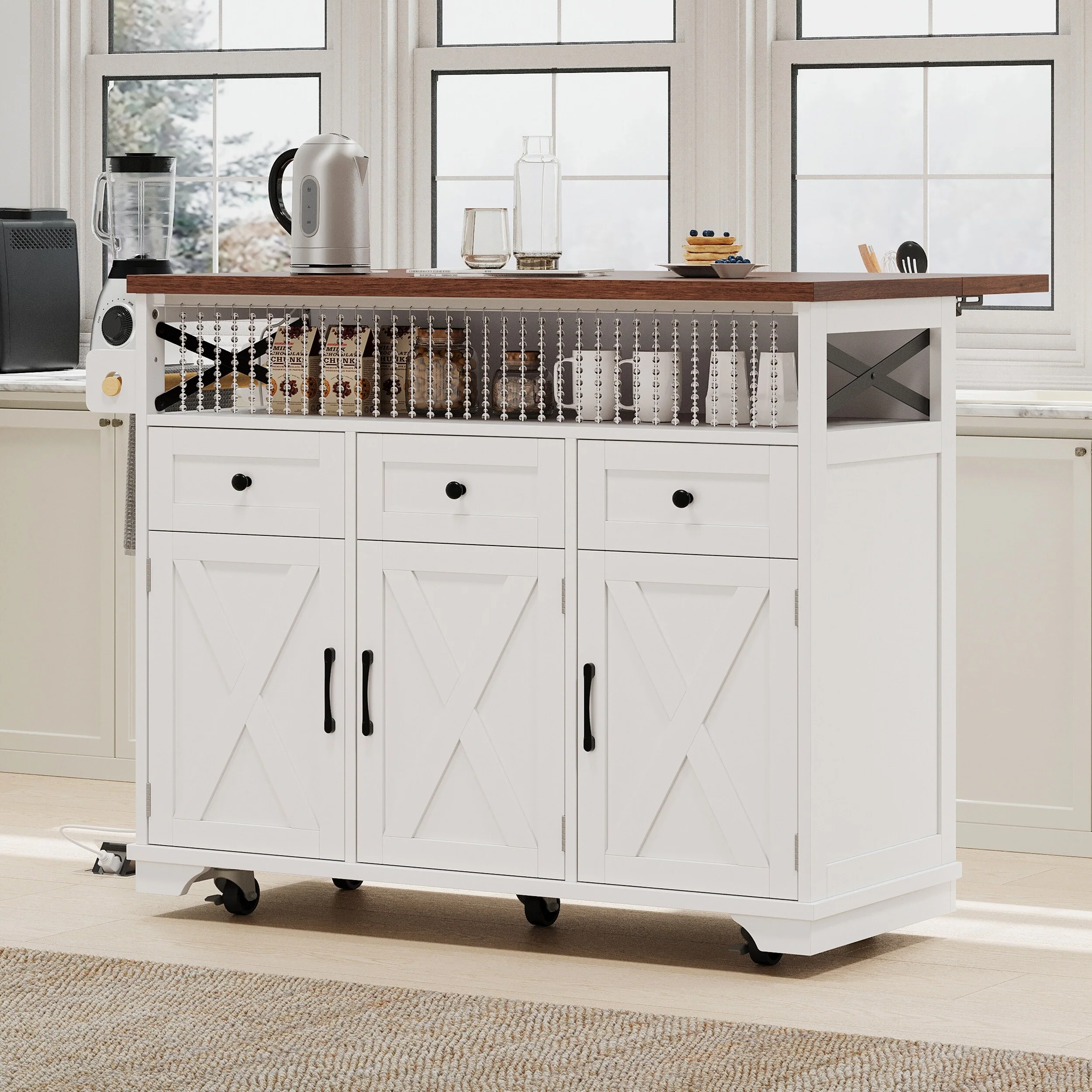 Kitchen Island on Lockable Wheels with Beaded Drape, Rolling Island Cart with Power Outlet, Kitchen Cart with Drop Leaf