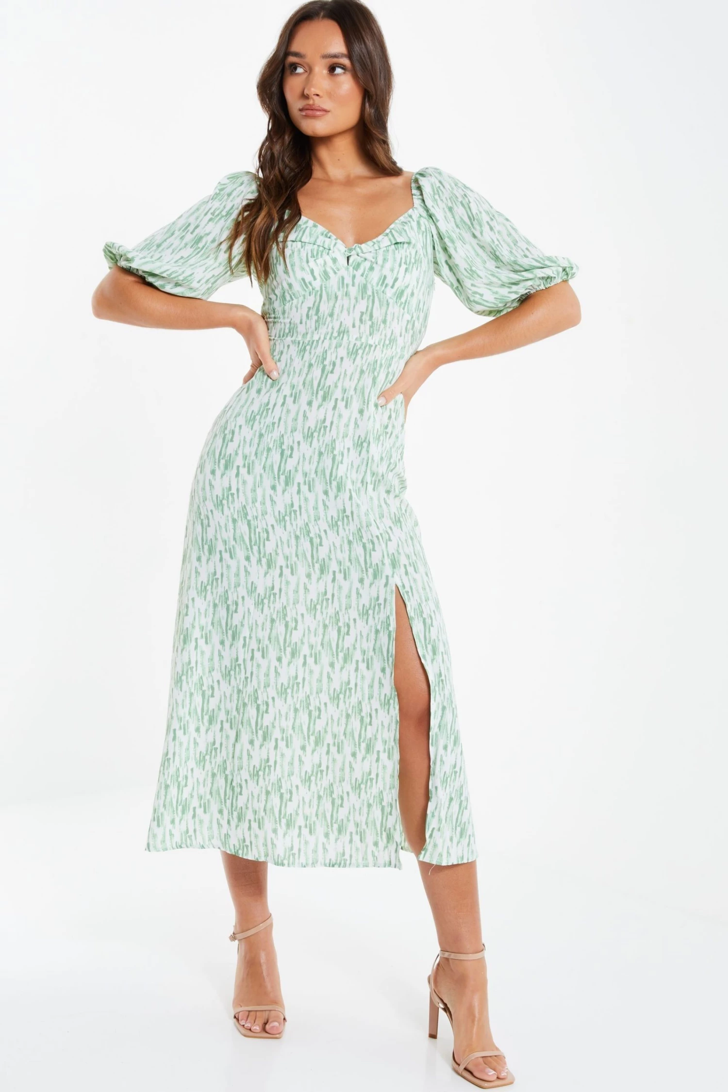 Quiz Green Stripe Print Knot Puff Sleeve Midi Dress