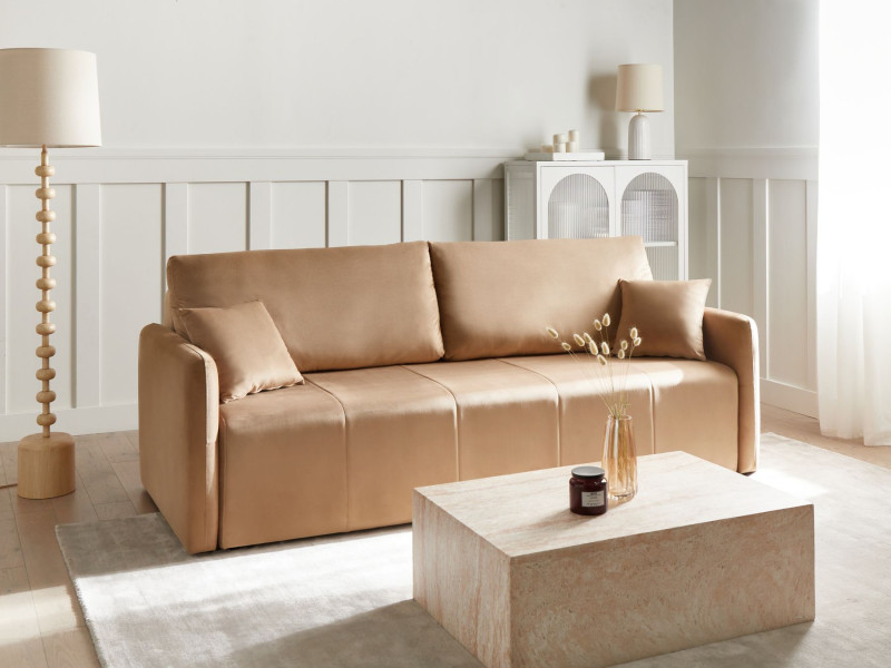 Welurowa sofa z poduszkami z funkcją spania jasnobrązowa