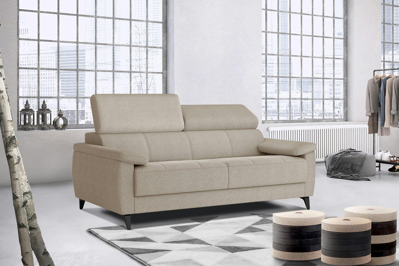 TAUNUS - Canapé droit 3 places XXL tissu beige