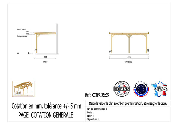 Carport toit plat adossé 350cmx650cm bois DOUGLAS français (charpente - auvent - abri camping-car). 23 m². Garantie 10 ans.
