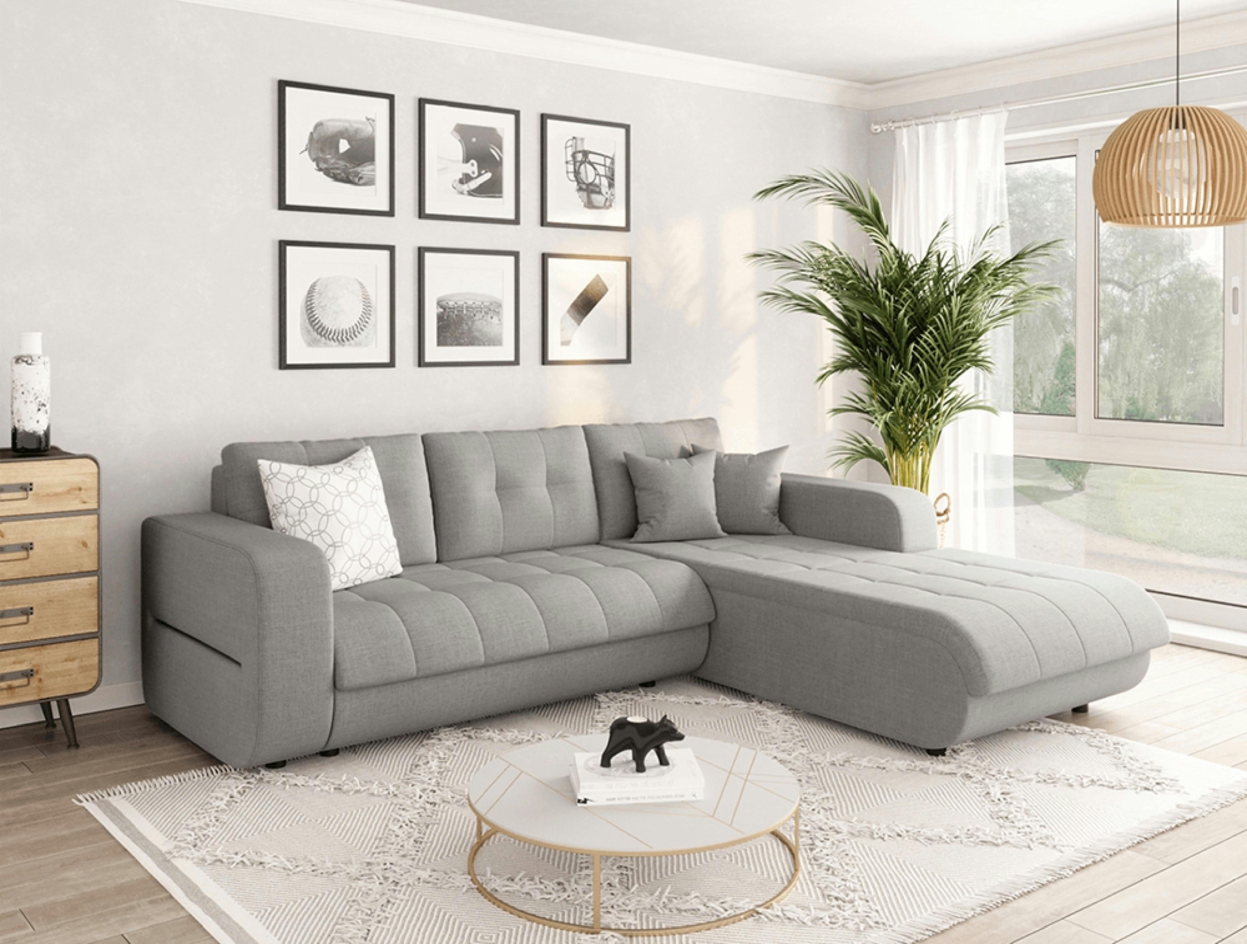 SUZIE - Canapé d'angle droit convertible en tissu gris clair