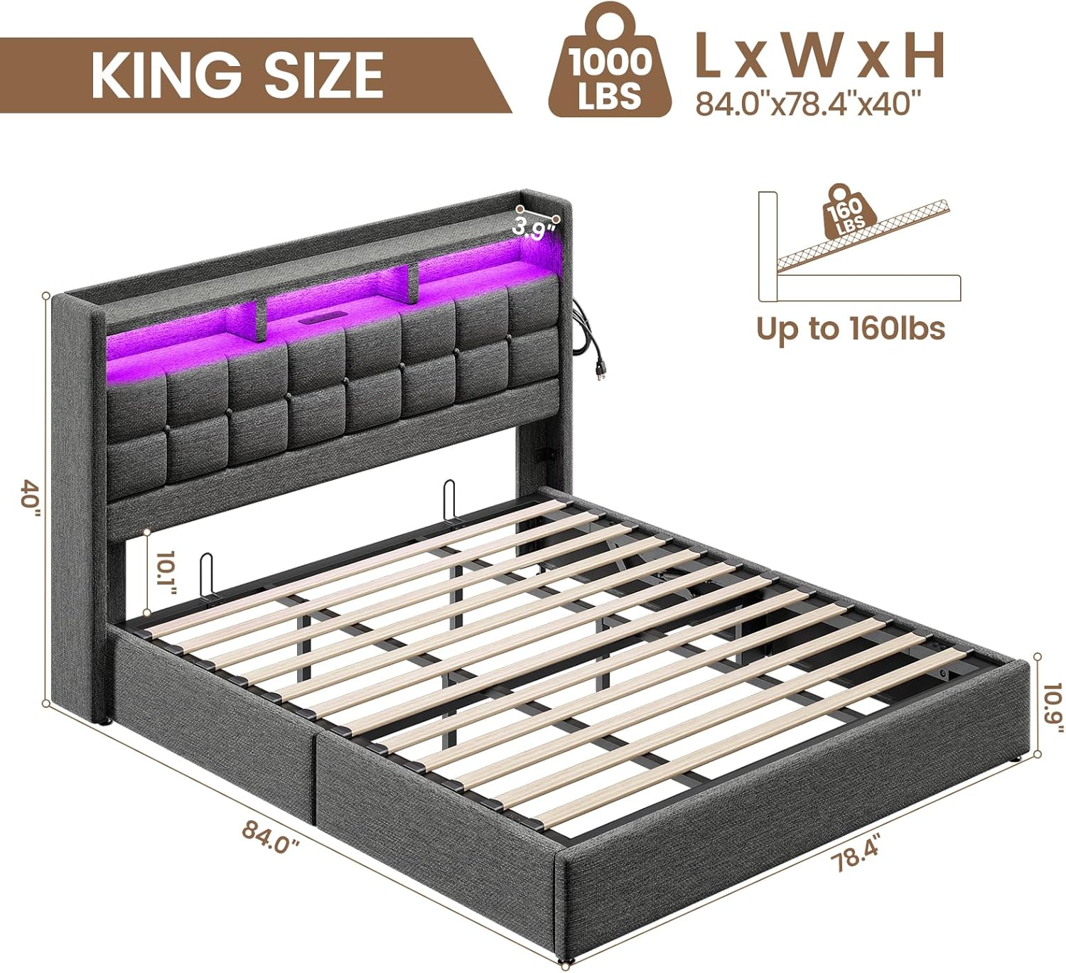 Lift Up King Size Bed Frame with Storage, Upholstered King Bed Frame with Charging Station and LED Lights Headboard, No Box Spring Needed, Easy Assembly - Dark Grey