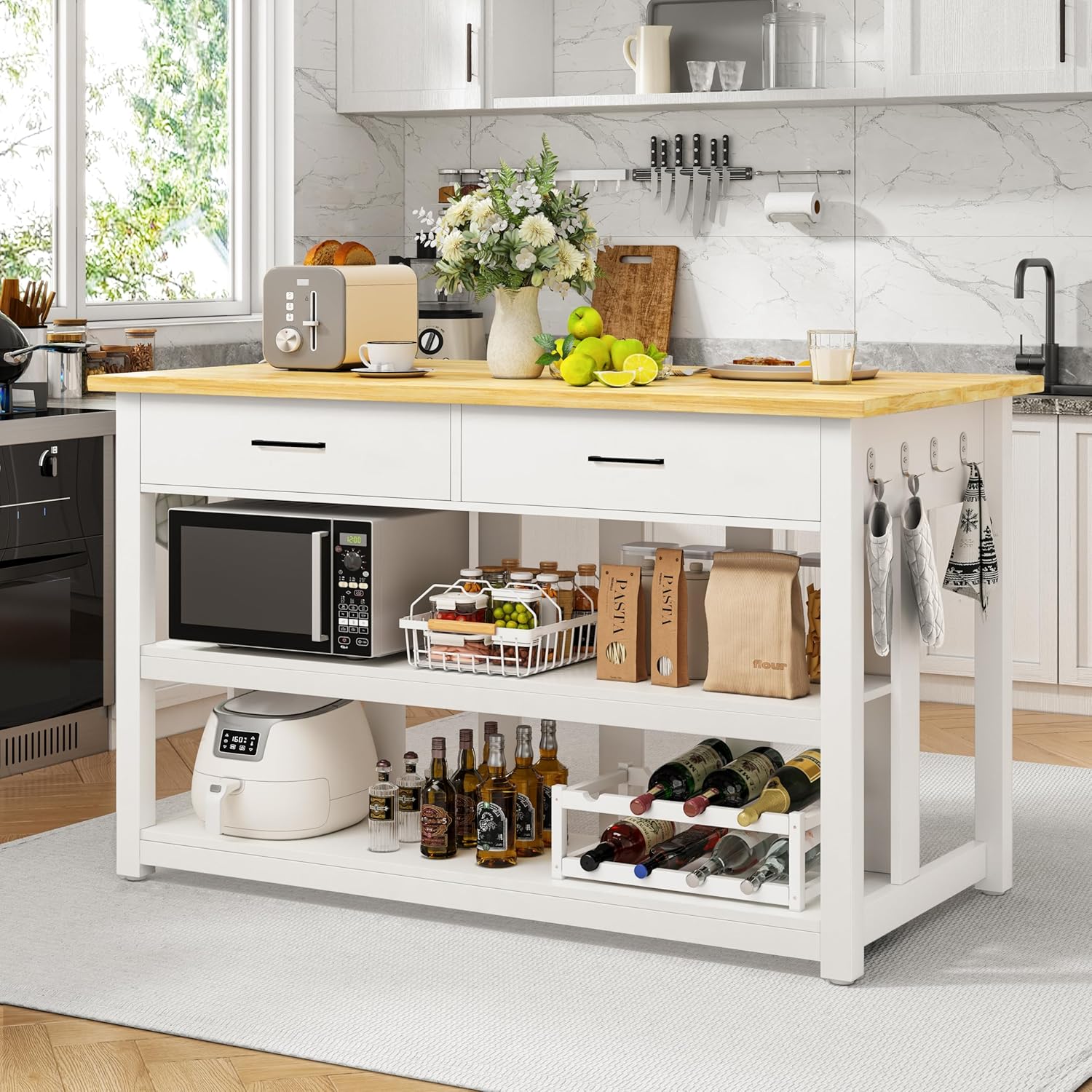 47.3 Solid Rubberwood Kitchen Island with Power Outlets - Extra Large Work Surface, 2 Drawers & Open Shelves Storage Cabinet for Kitchen Dining Room, Farmhouse Style (White)