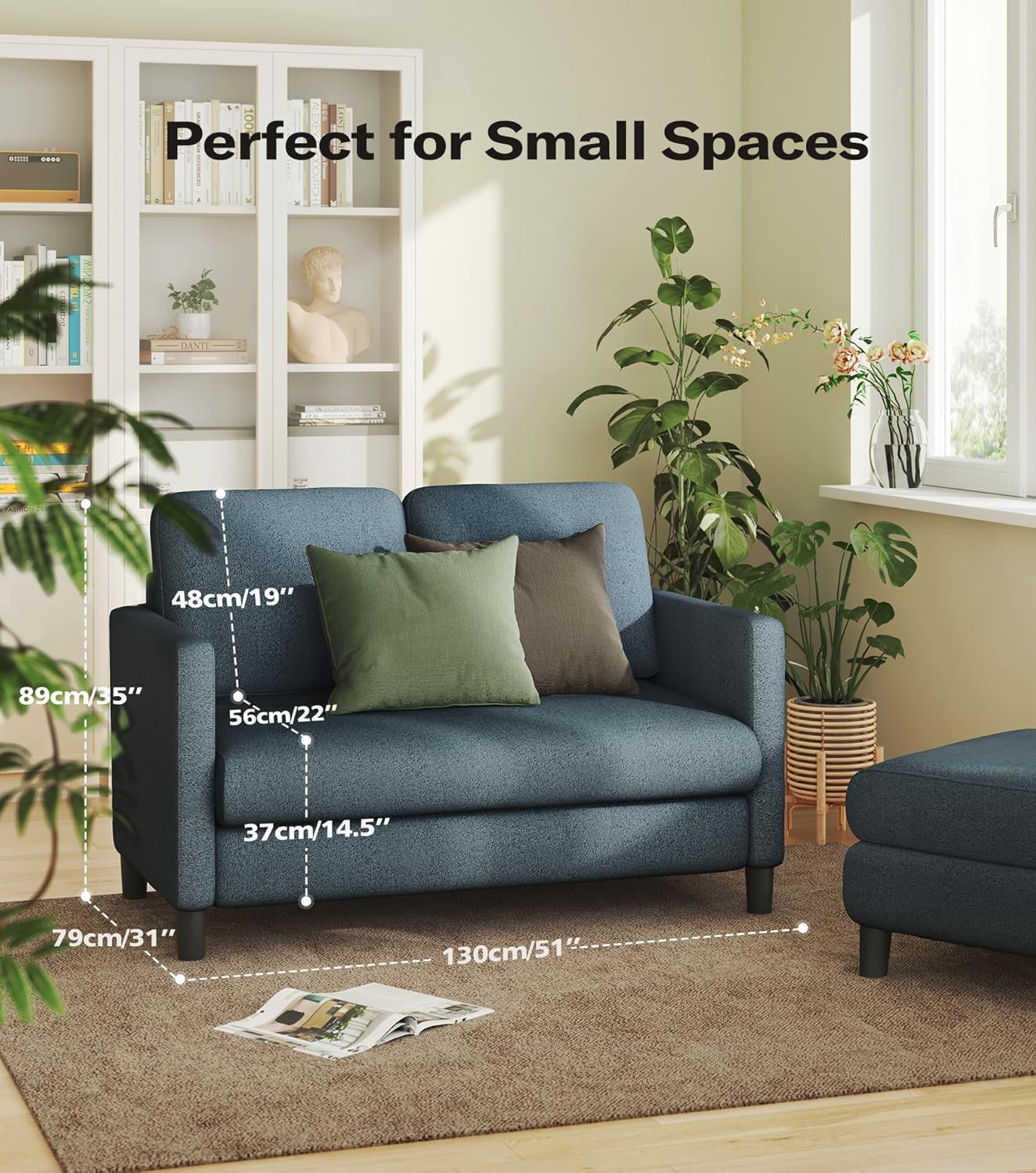 Welzona Loveseat, 51 Small Couch, Comfy Teddy Love Seat for Living Room, Tool-Free Setup Loveseat Sofa for Small Spaces, All-Wood Small Sofa Couch for Bedroom, No Pillow Included, Blue Grey