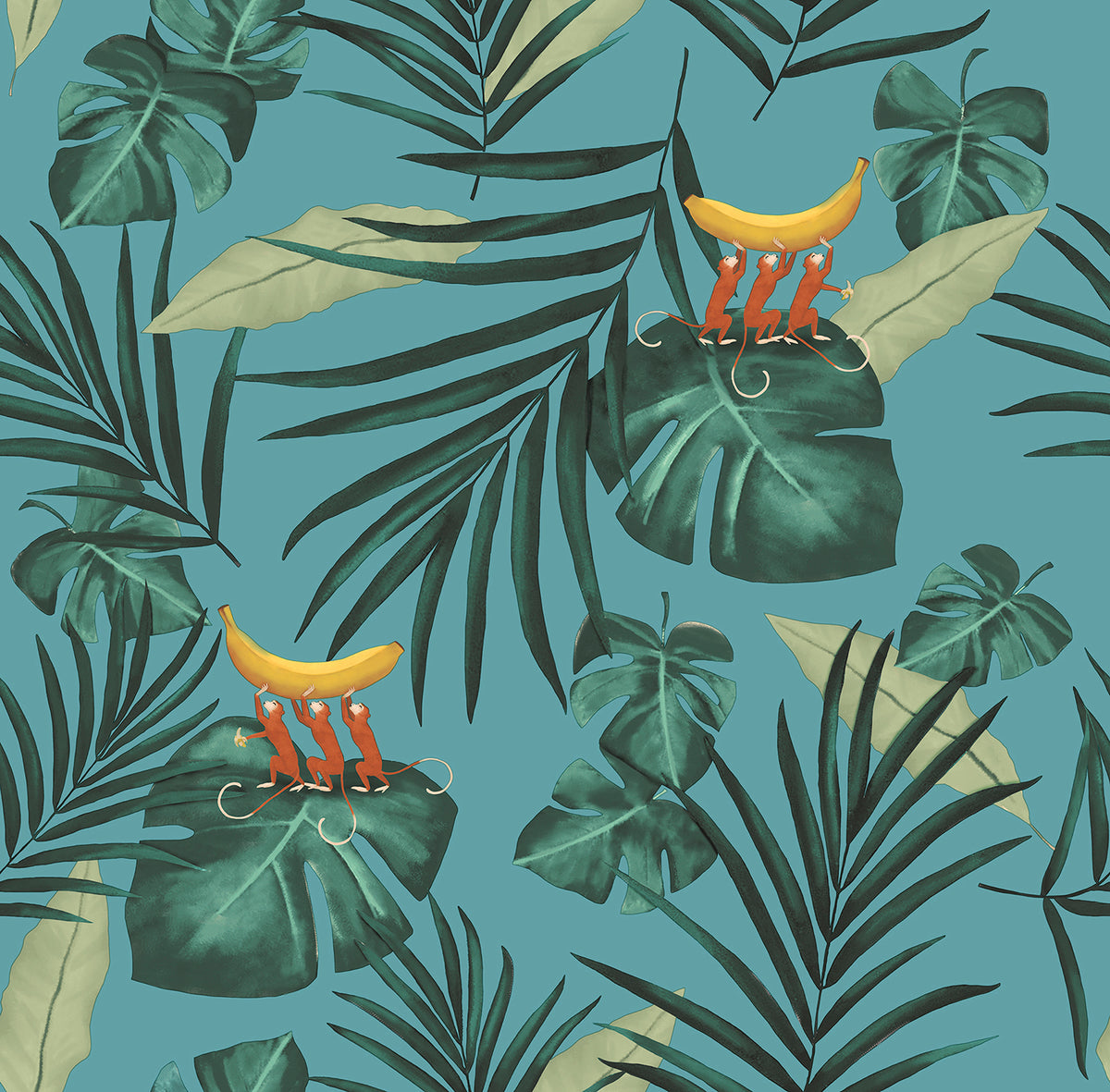 Walls4You behang apen en jungle bladeren groen en blauw - 53 cm x 10 m - 640345