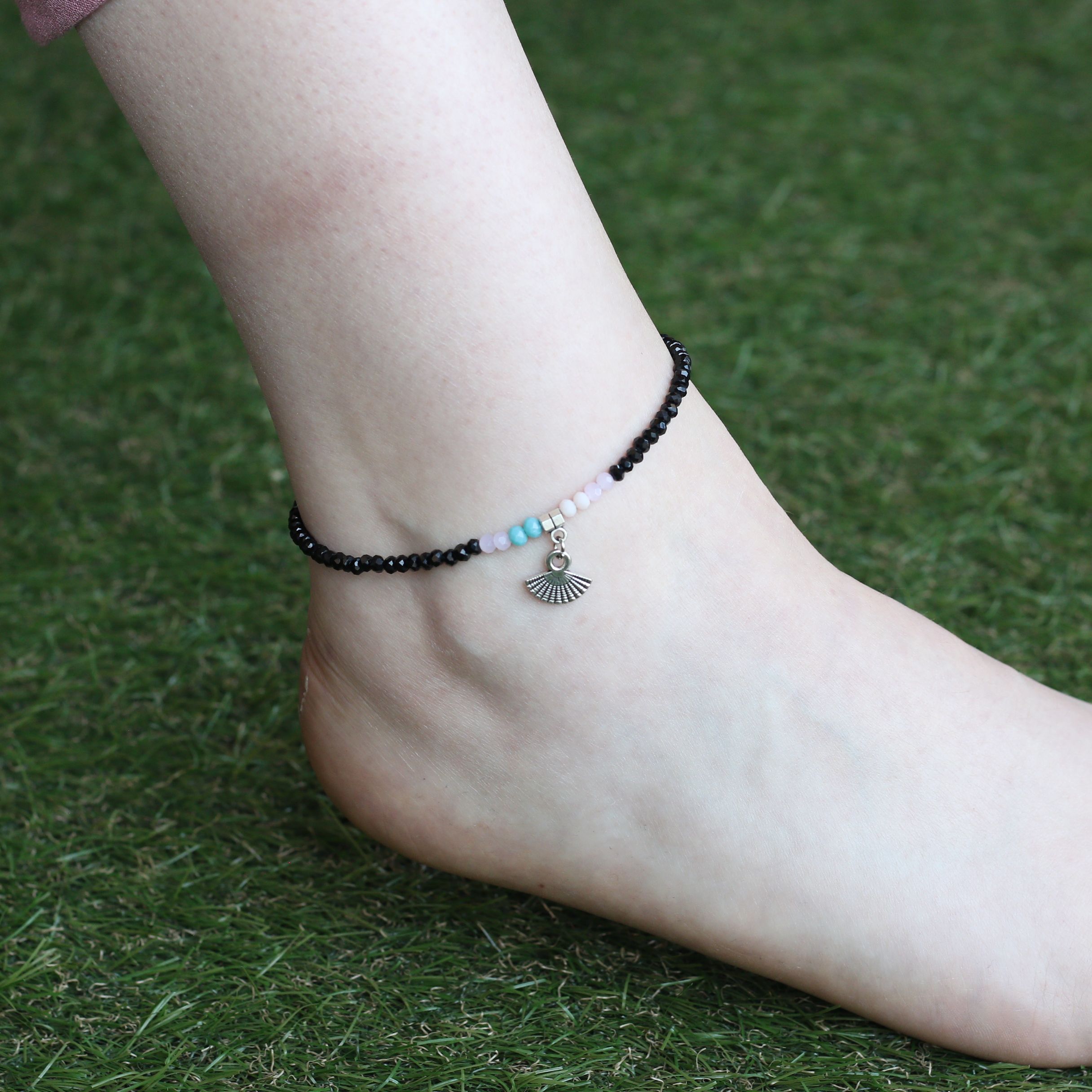 The Colourful Aura Black beaded turquoise fan charm dangle slim anklet