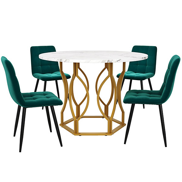 Ensemble Table et Chaises - Table Ronde et 4 Chaises Velours, Salle à Manger Moderne avec Pieds Métal Doré, Vert et Blanc