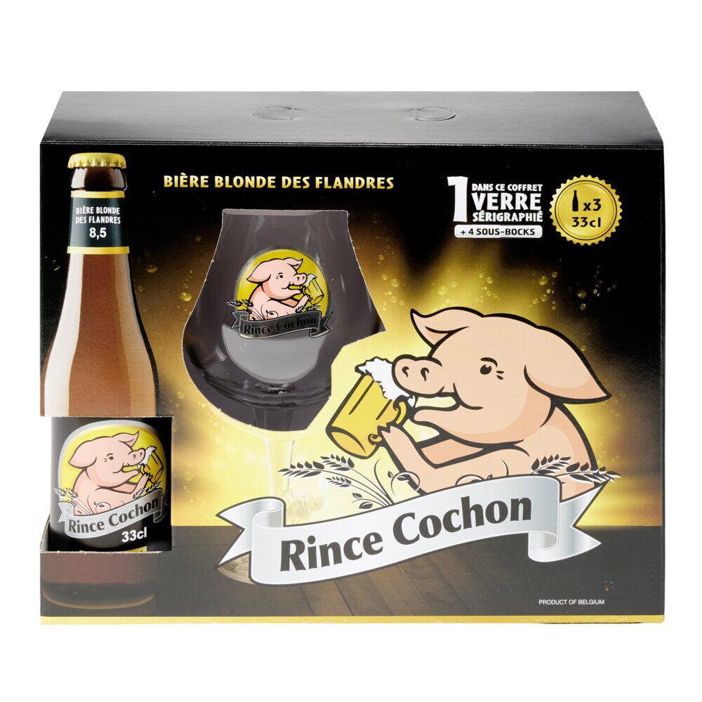 Bière blonde Rince Cochon 8,5% 3x33cl avec 1 verre sérigraphié et 4 sous-verres