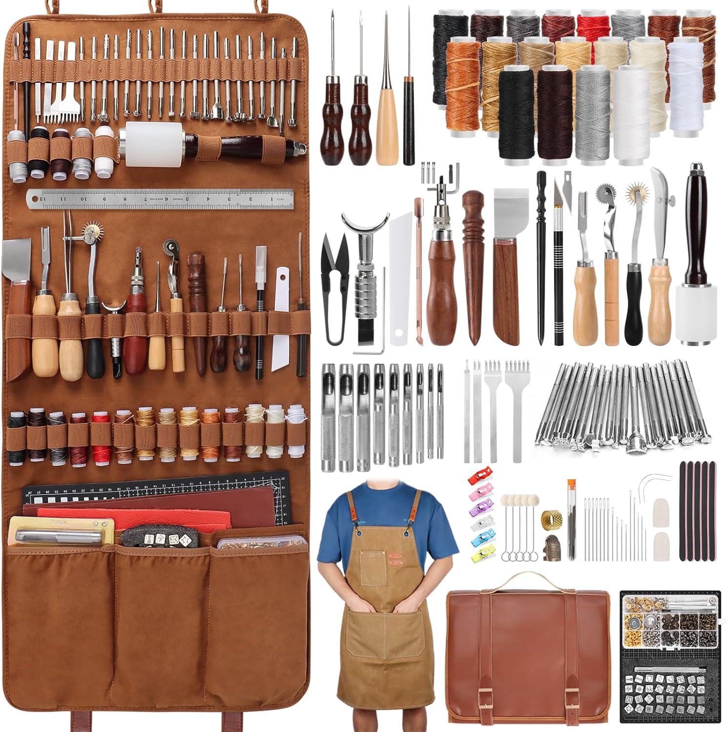 Leather Working Tooling Kit All-in-One Set Leatherworking Crafting Tools with Apron Custom Handbag Cutting Mats Stamping Engraving Punching Sewing Sanding Tools for Leather Making Repair Professional