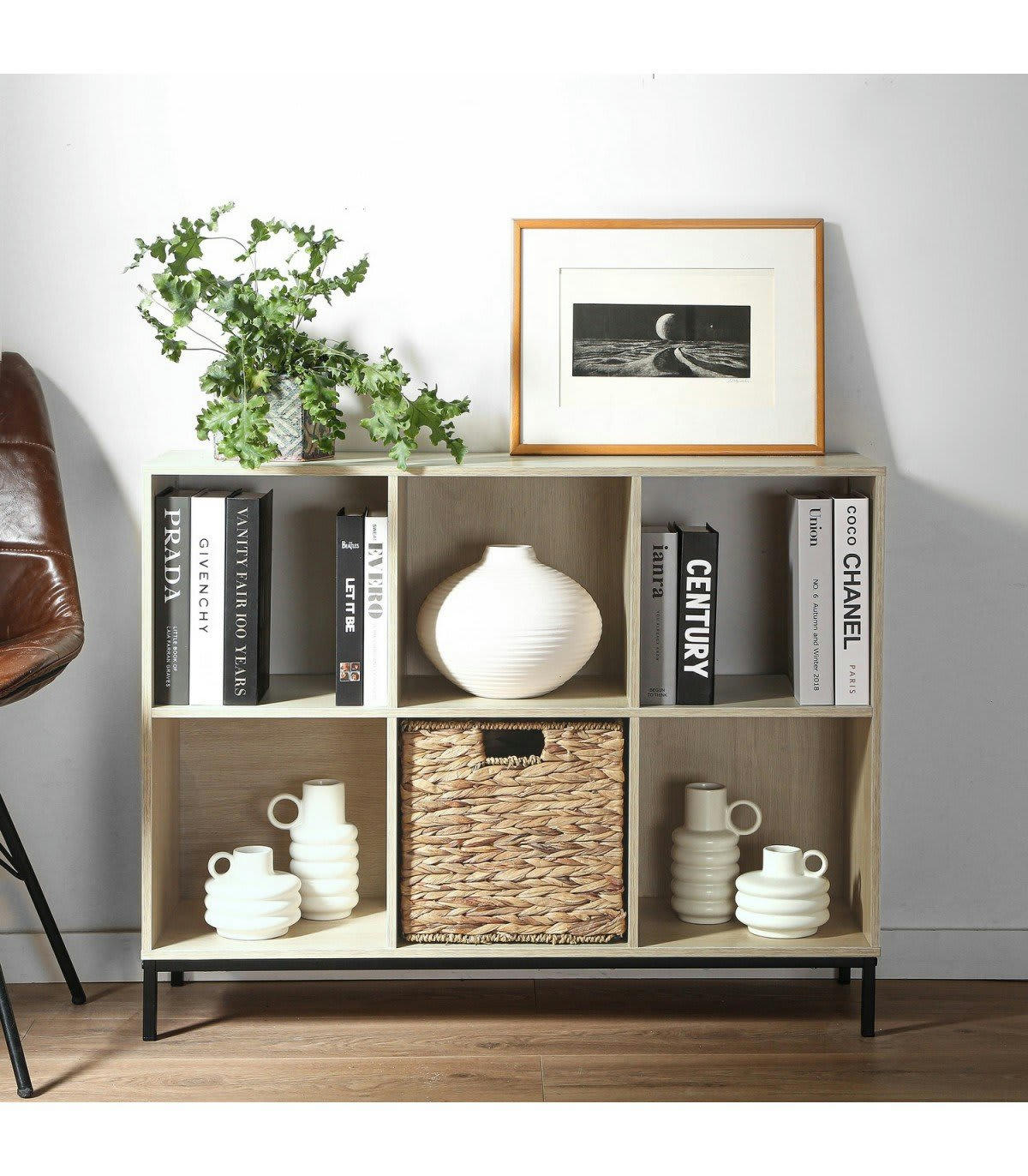 - Etagère de rangement 6 cases avec pieds métal - Marron
