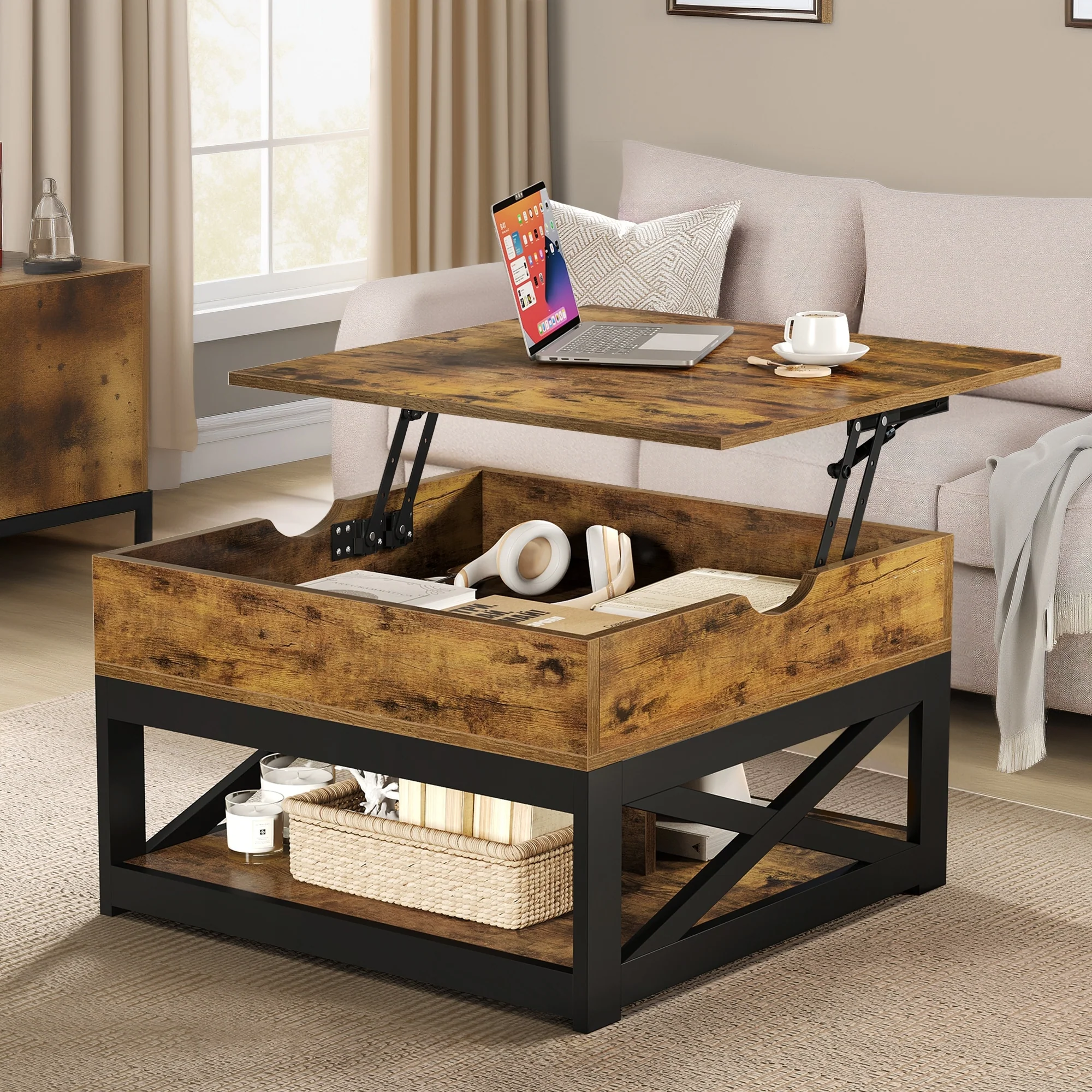 Moasis Farmhouse Square Lift Top Coffee Table with Storage Shelf for Living Room