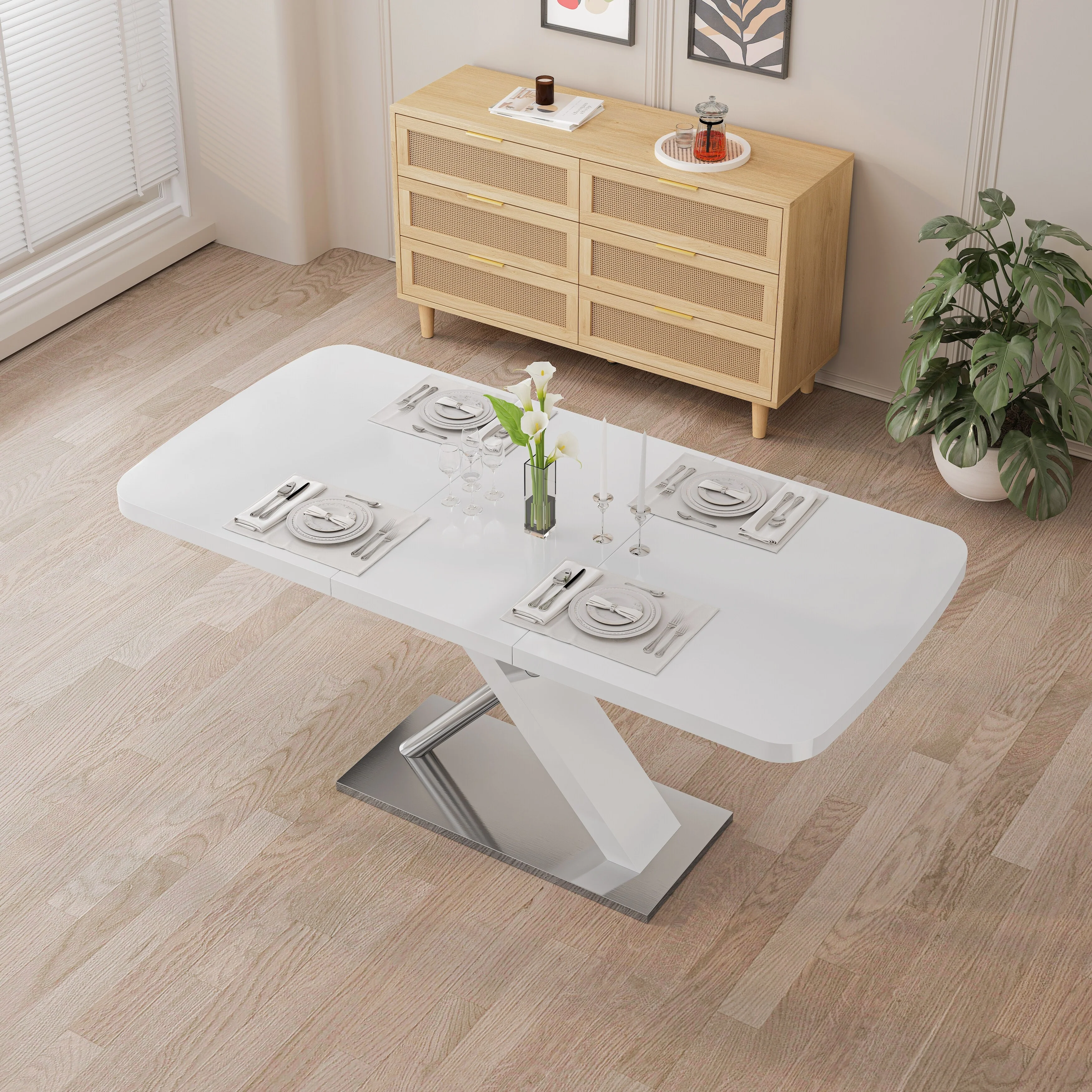 Modern Extendable Glossy Dining Table Crossed Metal Base & Stainless Steel Tubes