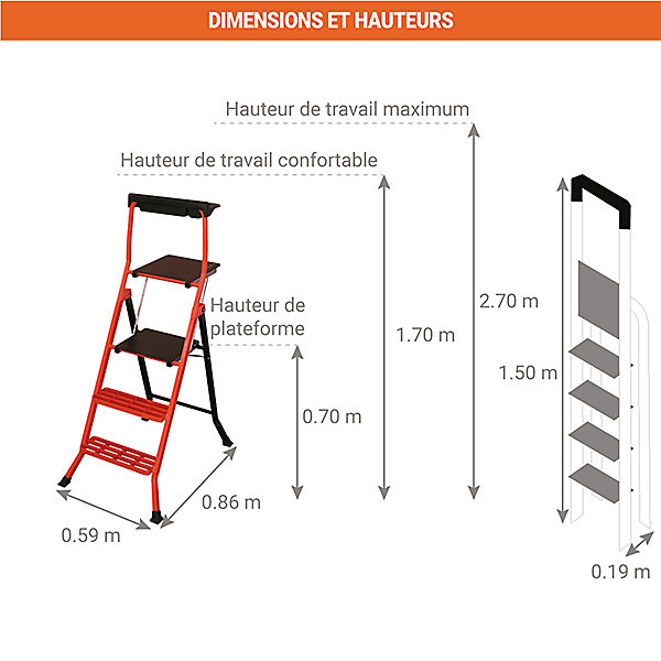 Escabeau 3 marches - Hauteur de travail max. 2,70m - Marches caillebotis - 201900