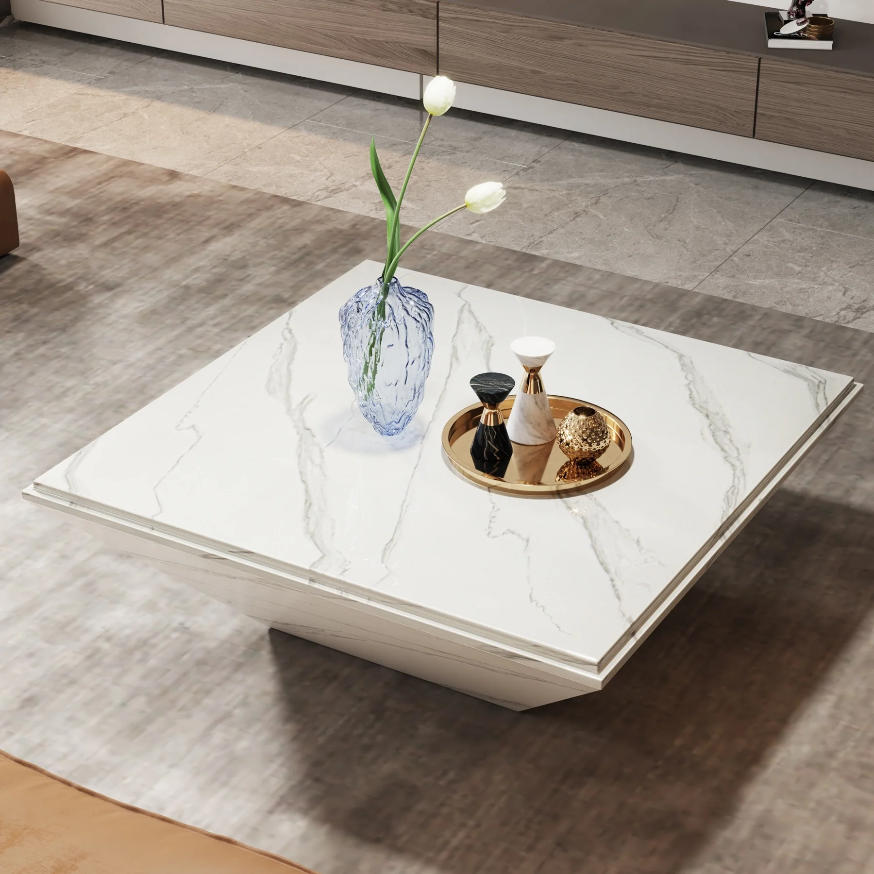 35.43-Inch Square Coffee Table for Living Room, White Modern Center Table with Faux Marble Top