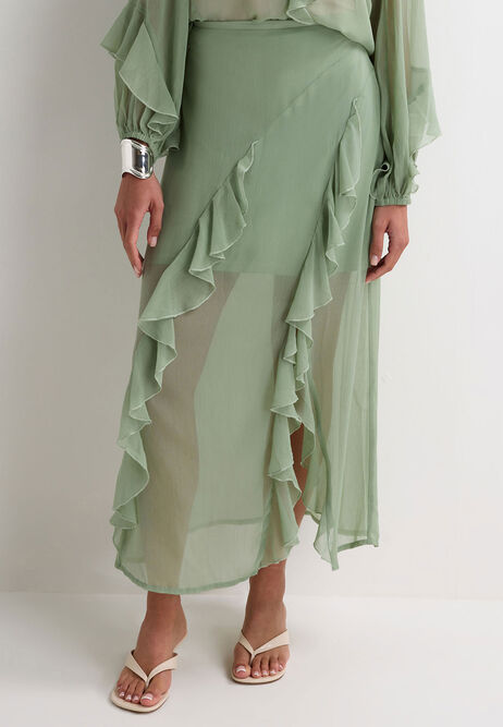 Womens Green Ruffle Sheer Midi Skirt