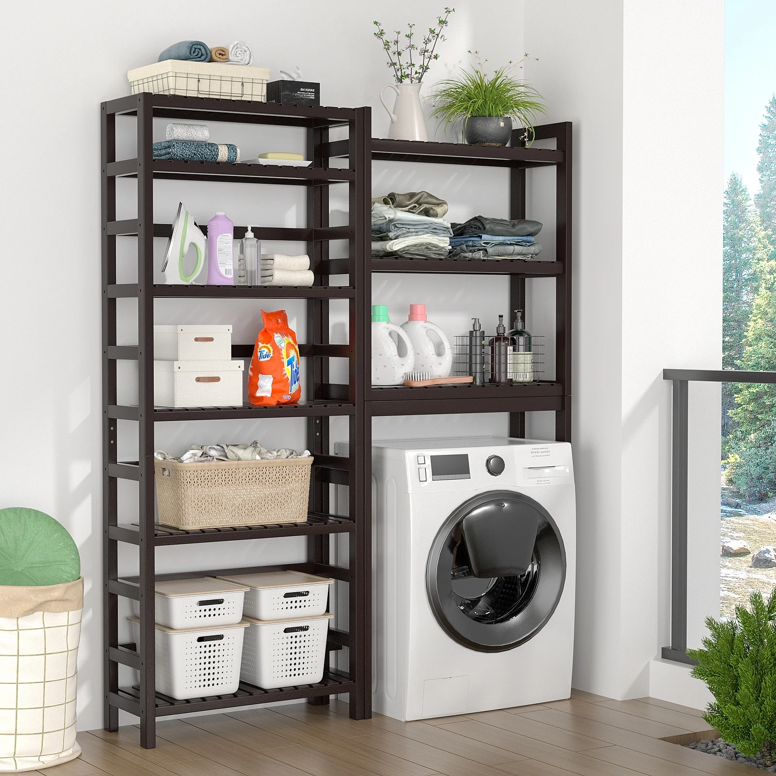 6-Tiers Adjustable Bamboo Storage Shelving Rack,Freestanding Open Display Shelf Organizer Rack