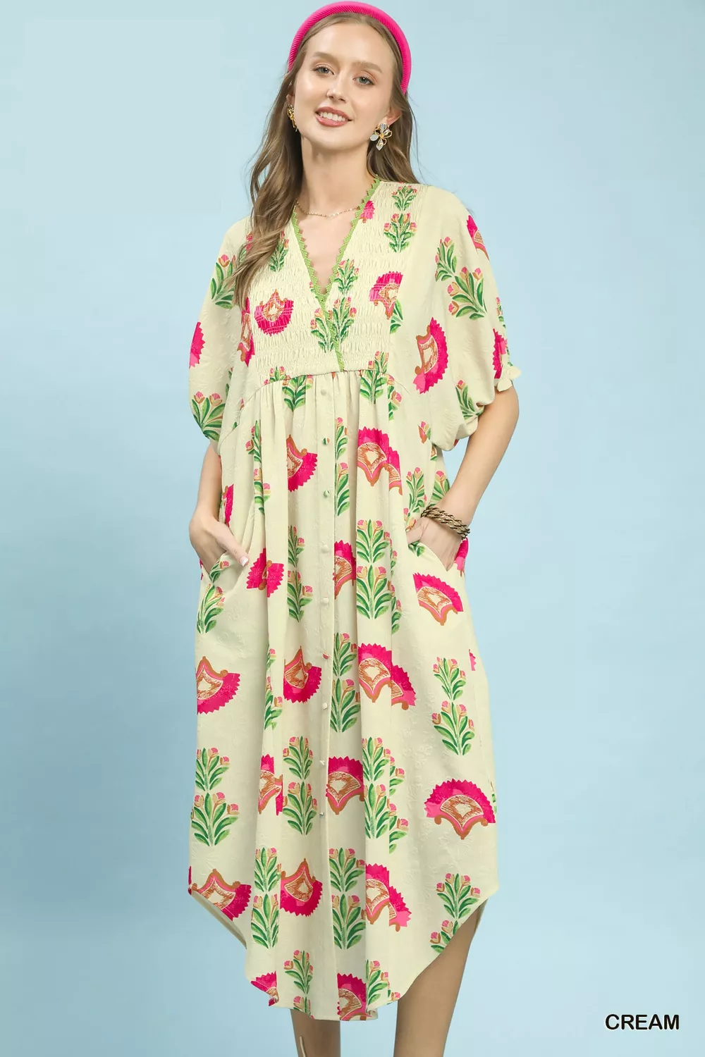 Abstract Print V-Neck Midi Dress