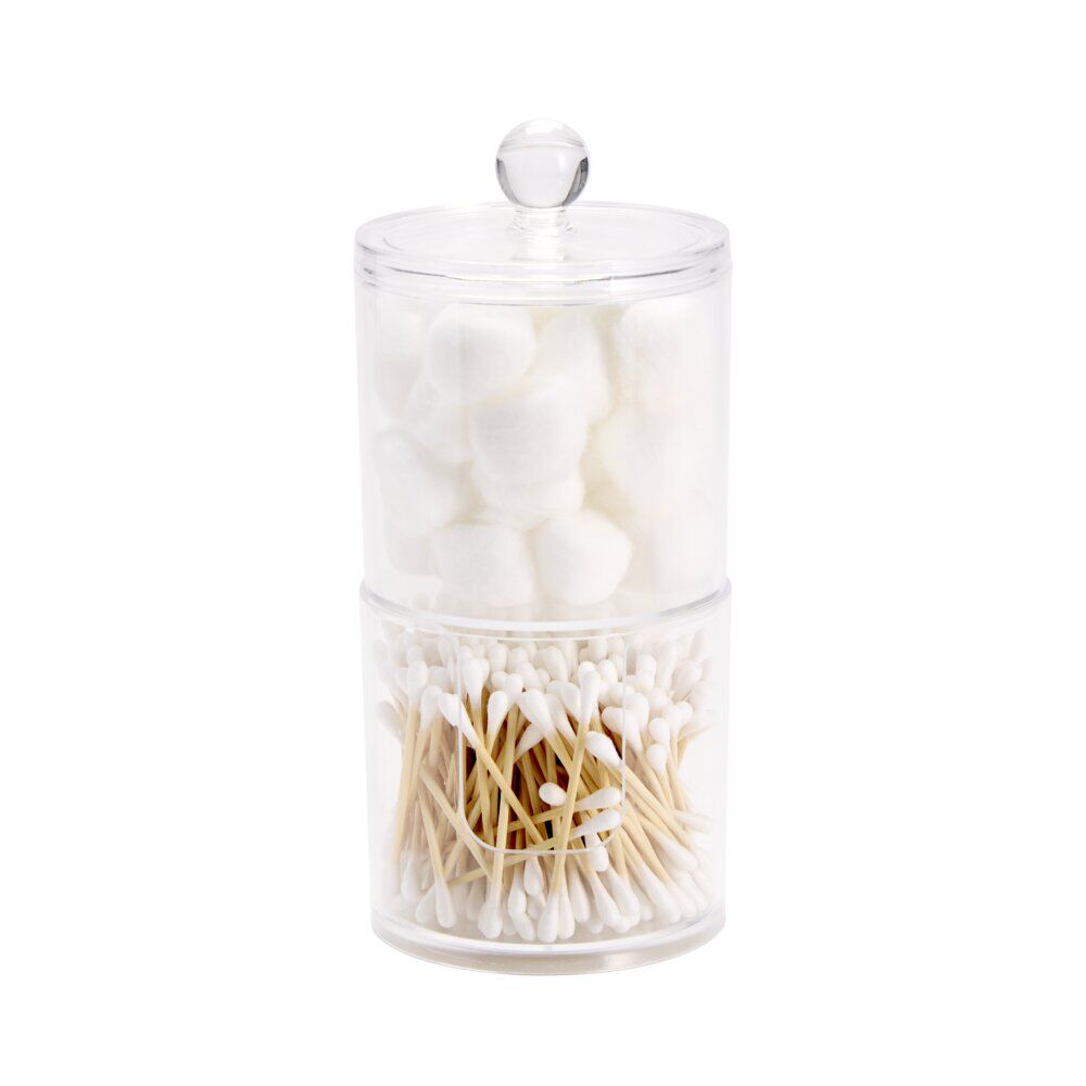 Rangement cosmétique plastique transparent avec coton et coton tige bambou Ø10xH19cm