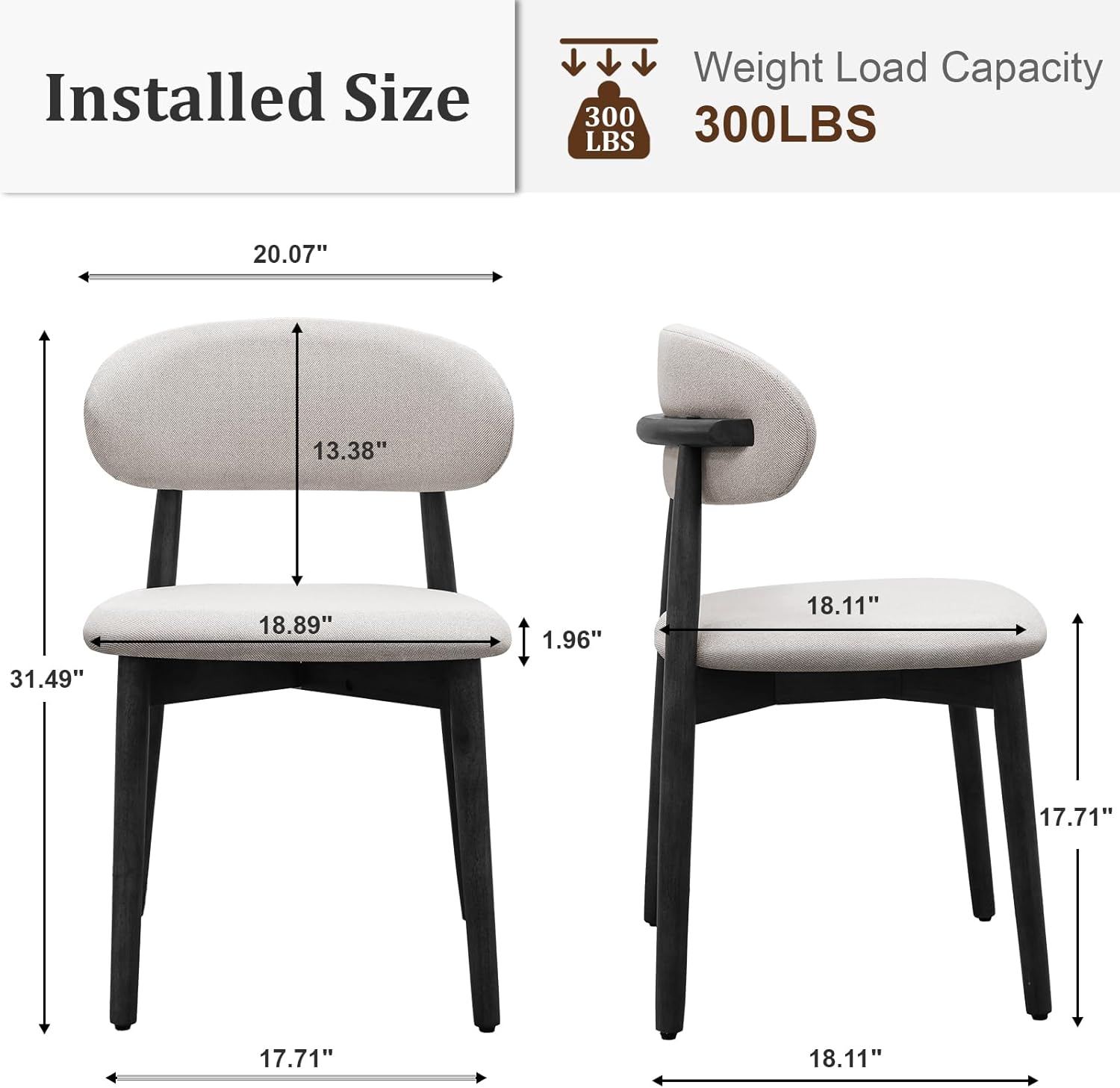 Farmhouse Dining Chairs Set of 4,Mid Century Modern Fabric Upholstered Kitchen Chairs,Wooden Dining Room Chair with Curved Back Black Leg for Kitchen Dining Room Restaurant Cafe,Linen Gray,Only Chairs