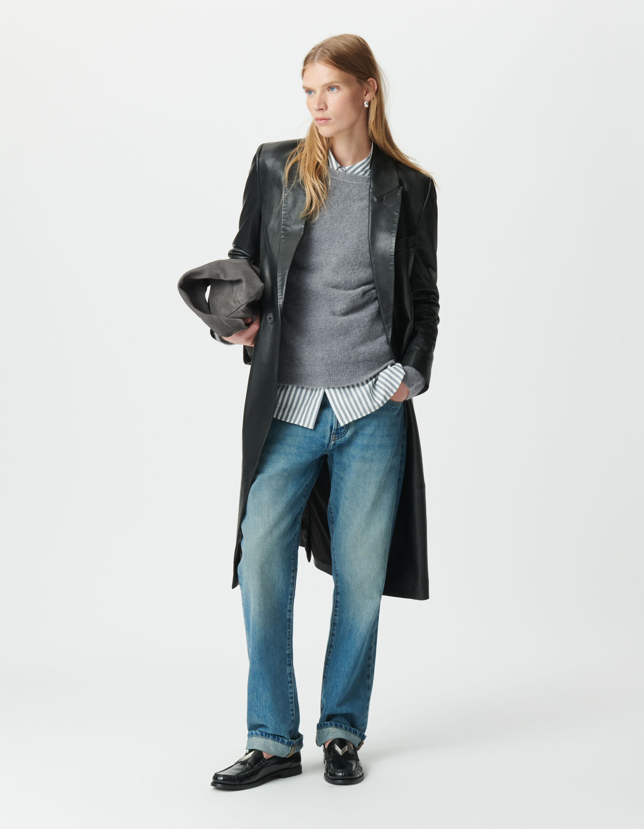 Manteau long noir cuir oversize Femme