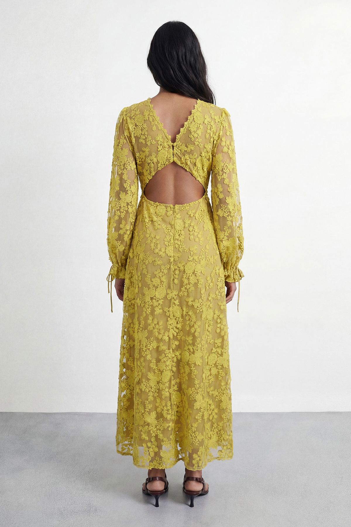 Warehouse Embroidered Organza Open Back Detail Maxi Dress