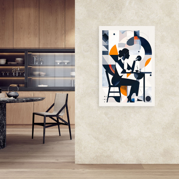 Obraz do salonu biura restauracji, Kobieta z kawą w stylu Bauhaus 20x30