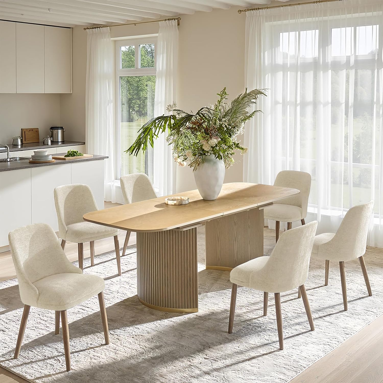 HULALA HOME Dining Chairs Set of 6, Ivory Fabric Upholstered Dining Room Chairs Set with Solid Wood Legs, Paded Back, Modern Kitchen Accent Chairs for Living Room Bedroom Reception