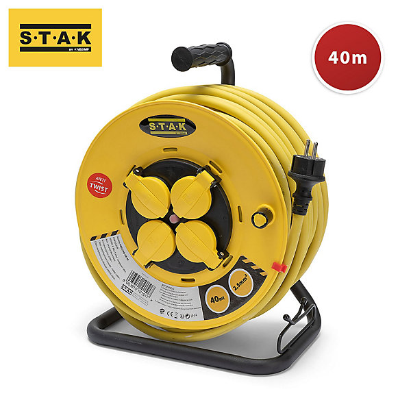 Enrouleur de chantier, 4 prises, 3G2.5, 40 mètres , NF, IP44. Platine fixe et guide cable