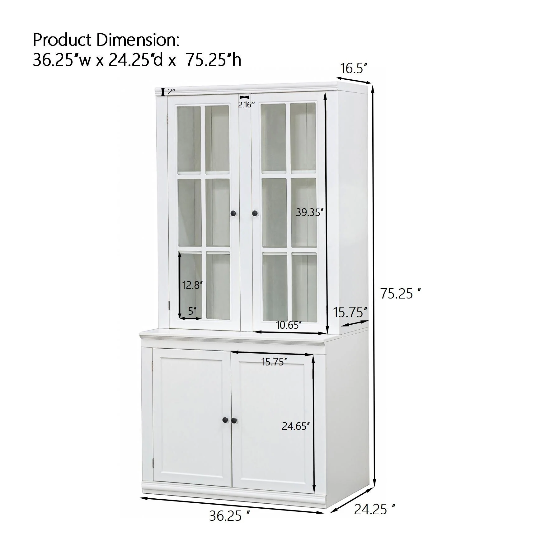75.25'' Tall Display Cabinet with Double Glass Doors, Traditional Style China Cabinet Hutch Cabinet