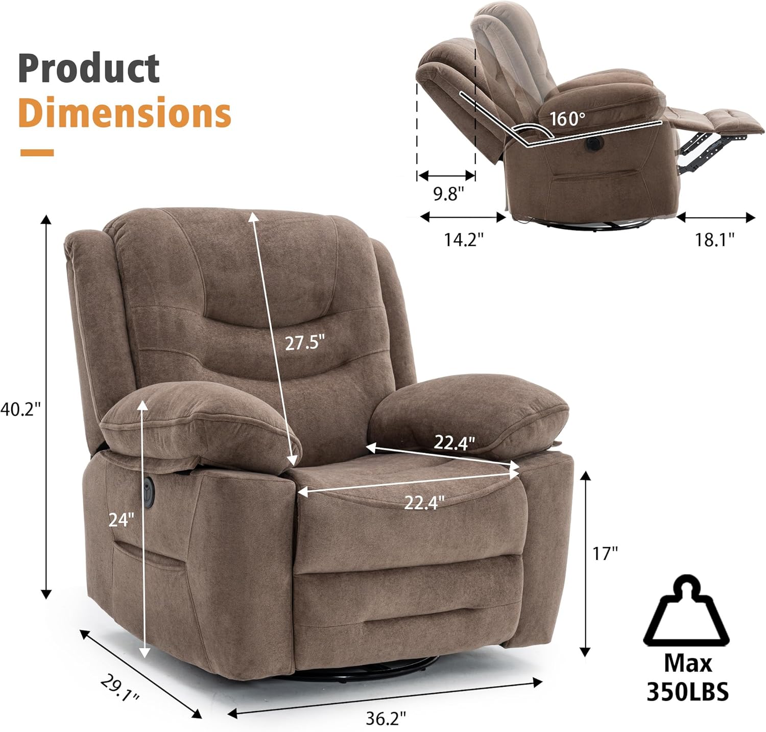 Power Swivel Rocker Recliner with Massage and Heat, USB Port, Infinite Position, Oversized Electric Glider Rocking Chairs Living Room, Soft Fabric Reclining Sofa Chair(Mocha)