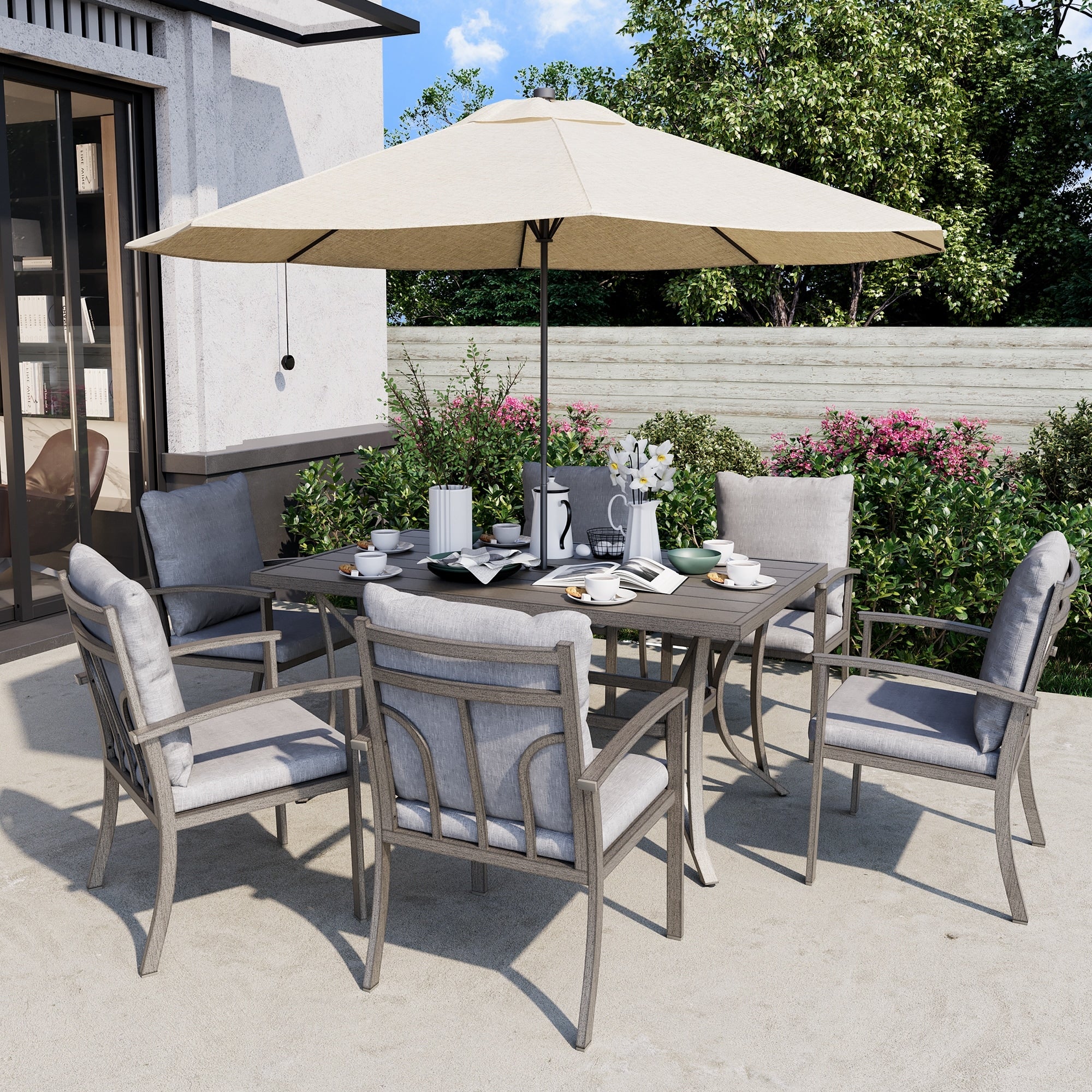 7-Piece Aluminum Patio Dining Set with Table and Washable Light Gray Cushions