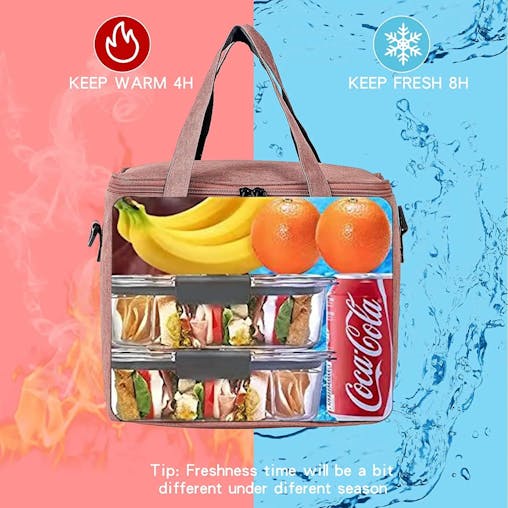 NNEOBA Reusable Insulated Lunch Bag with Shoulder Strap (Pink)