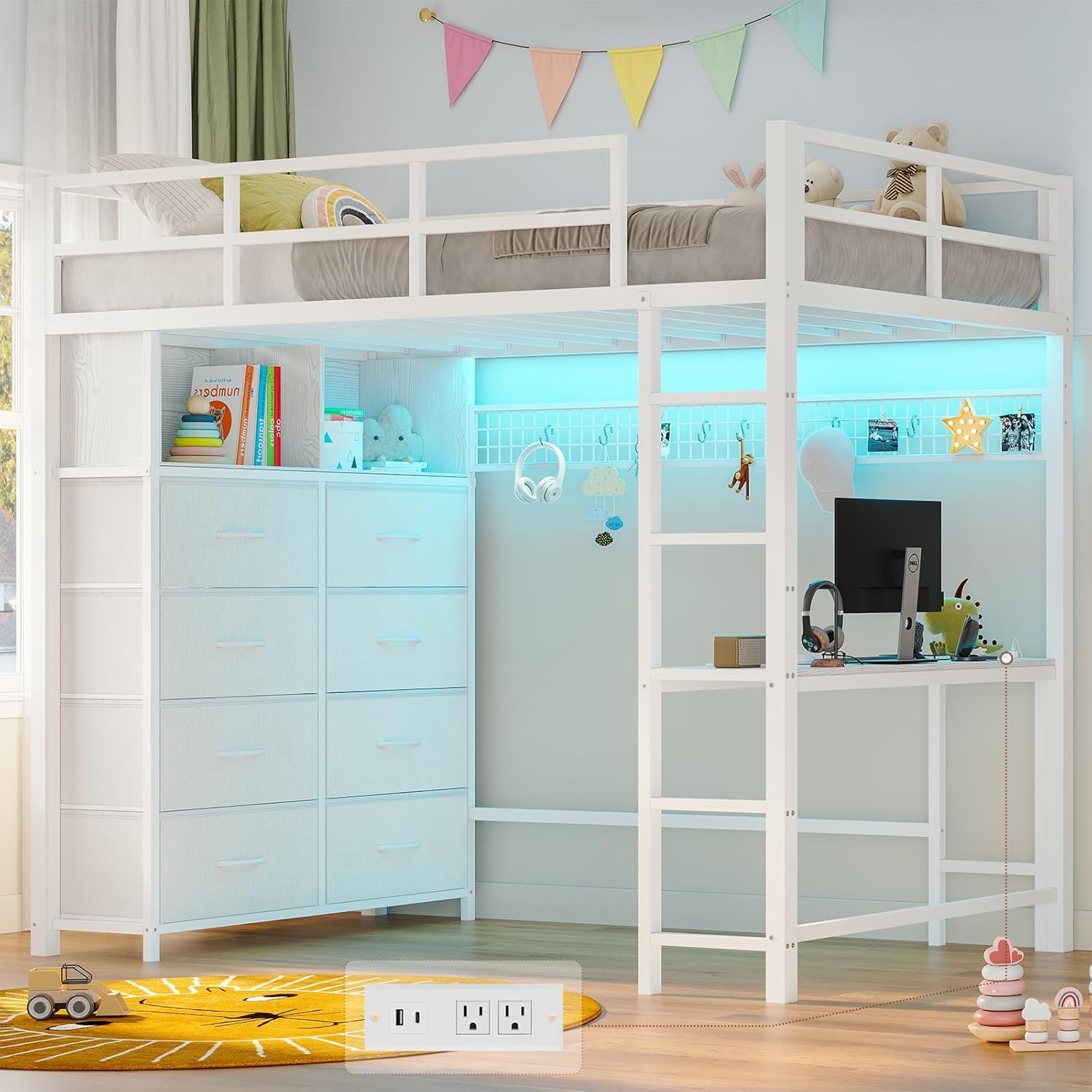 ADORNEVE Twin Size Loft Bed with Desk and 8 Storage Drawers, Metal Kids Loft Bed Twin with LED Lights & Charging Sation, Storage Shelves, 13.1 H Safety Guard & Ladder, No Box Spring Needed, White