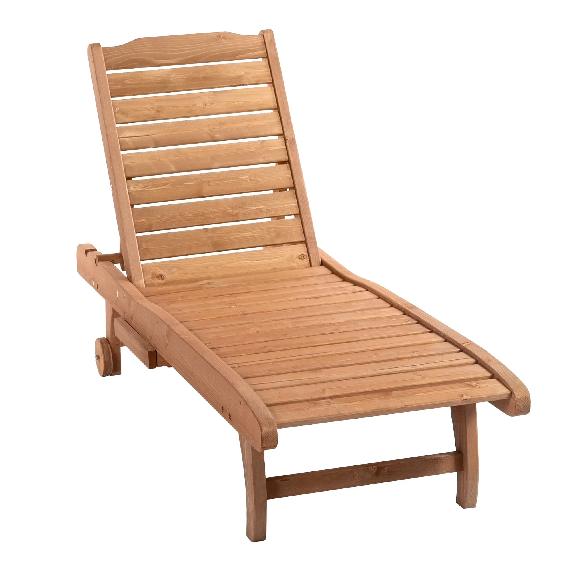 Outdoor Wooden Chaise Lounge Chair with Wheels, Adjustable Backrest and Pull-Out Tray for Patio or Poolside