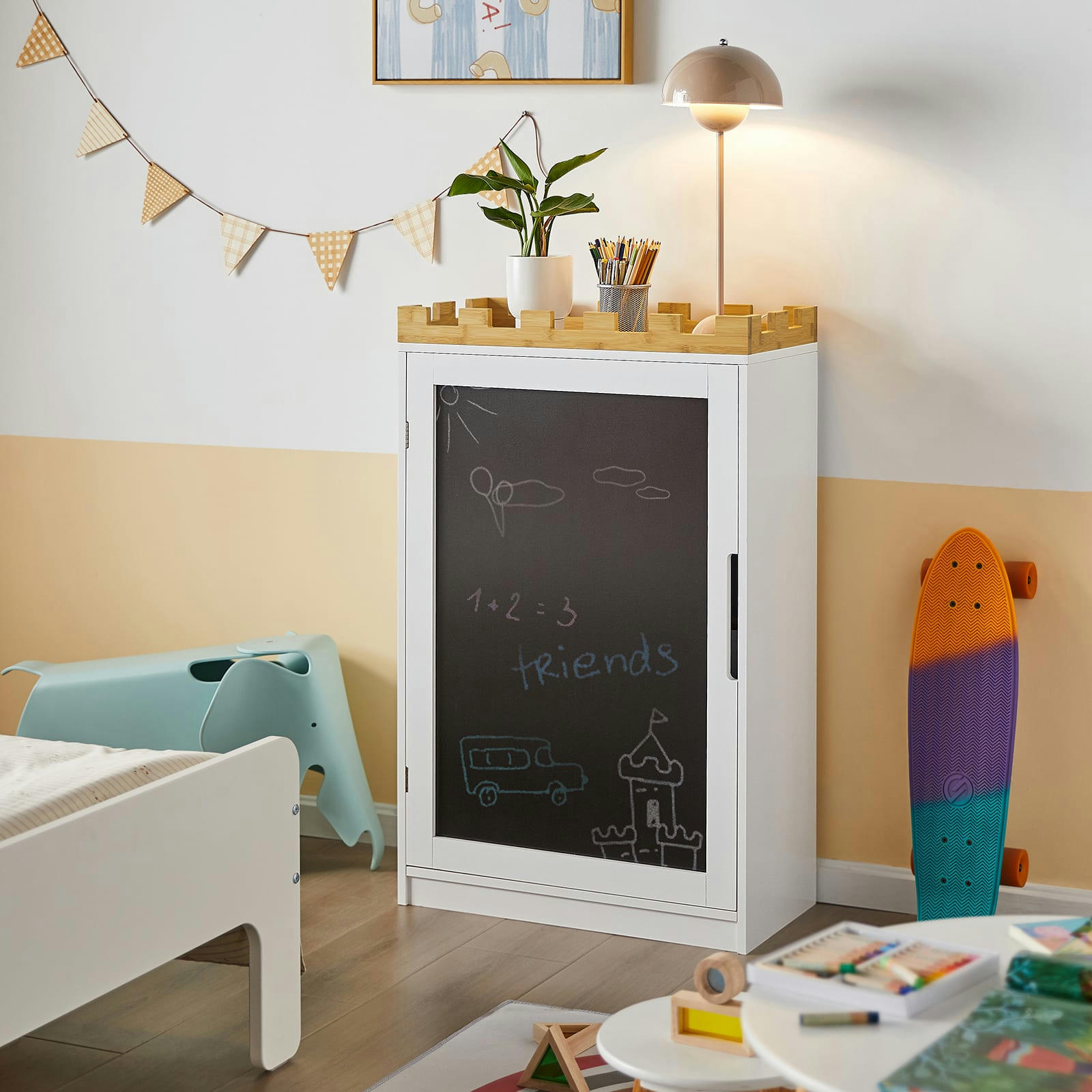 - Commode pour enfants avec tableau noir effect bois blanc
