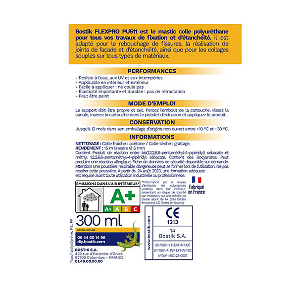 Mastic colle haute performance BOSTIK Flexpro pu 511, 300 ml gris anthracite RAL7016