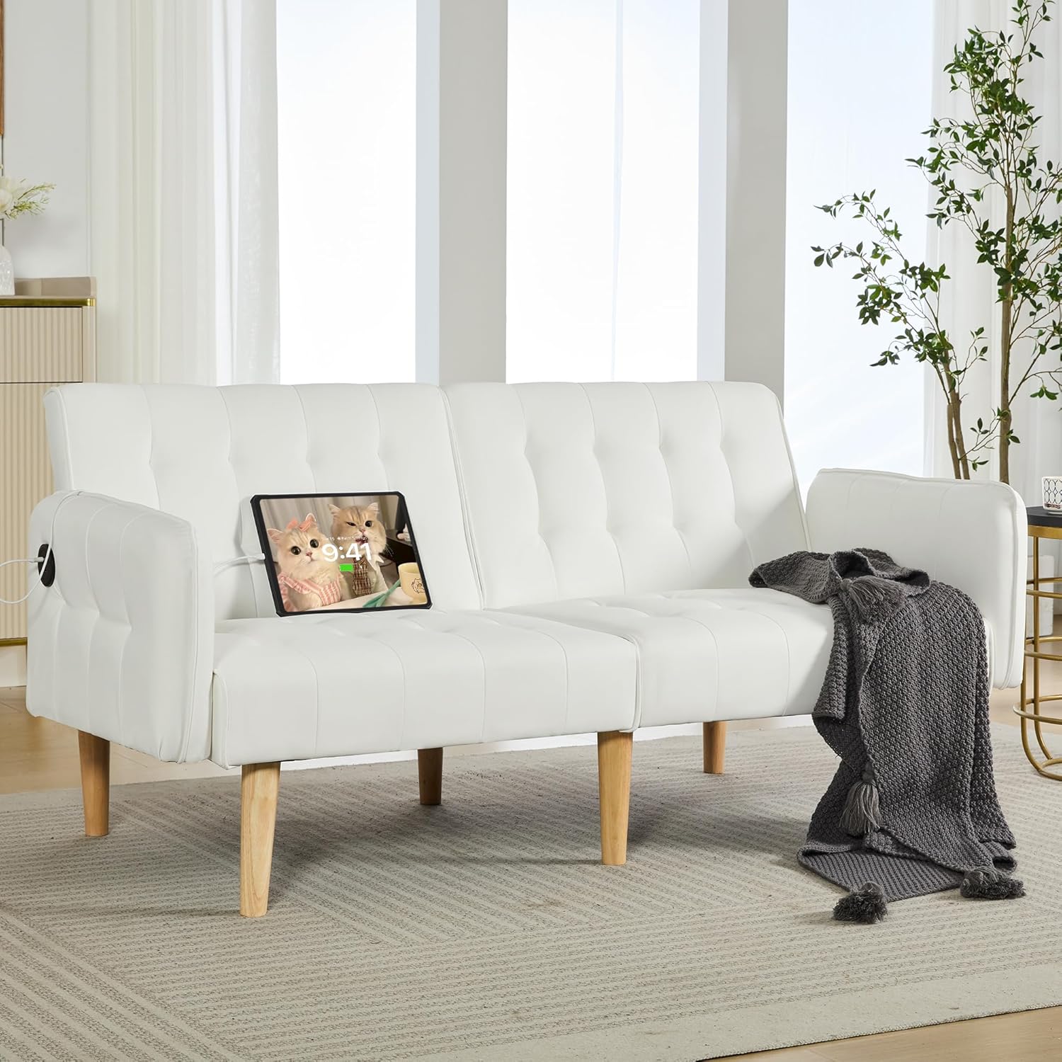TYBOATLE Modern White Faux Leather Upholstered Convertible USB Folding Futon Sofa Bed, 65 Couch, Love Seats Furniture for Small Space Configuration, Apartment, Dorm, Living Room, Office