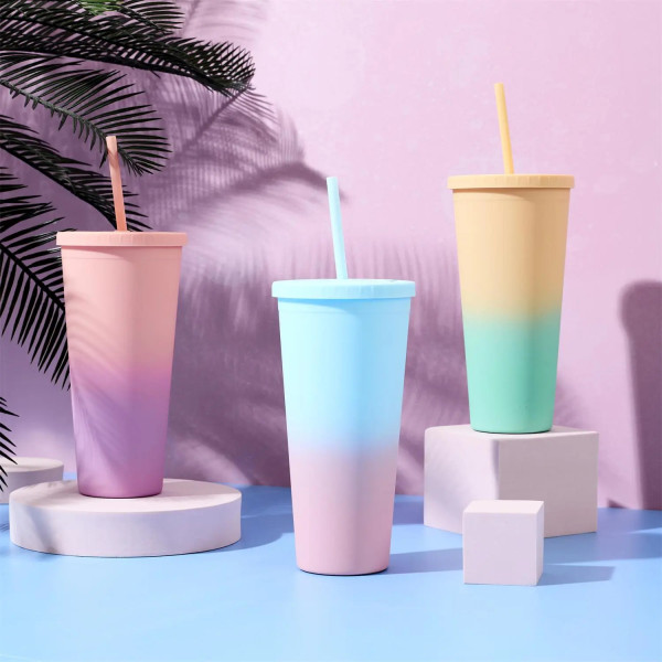 KUBEK ZE SŁOMKĄ Tie-Dye PP 700 ml żółto-turkusowy