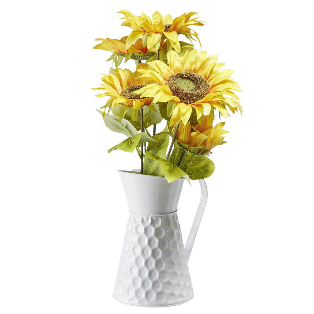 Bouquet de tournesols artificiels dans pichet métal blanc rétro Ø25xH40cm