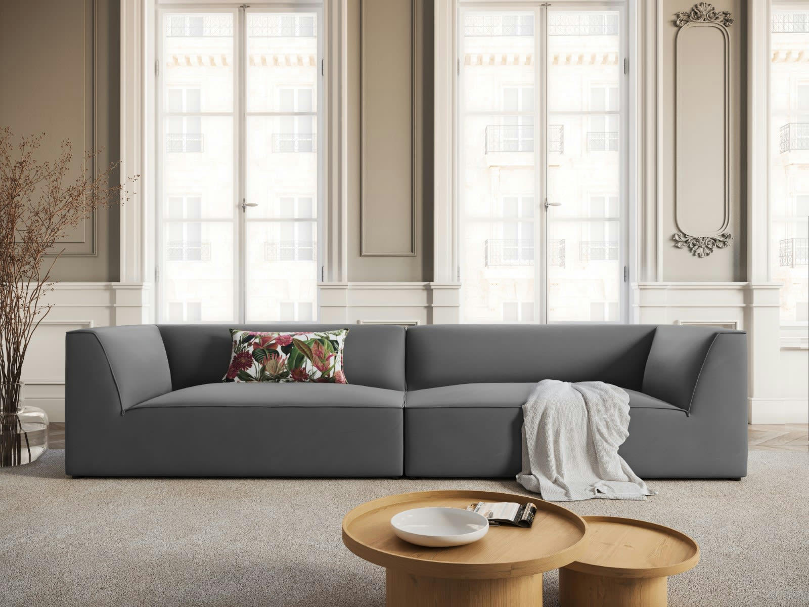 CHARLES - Canapé 4 places en Velours Gris Foncé