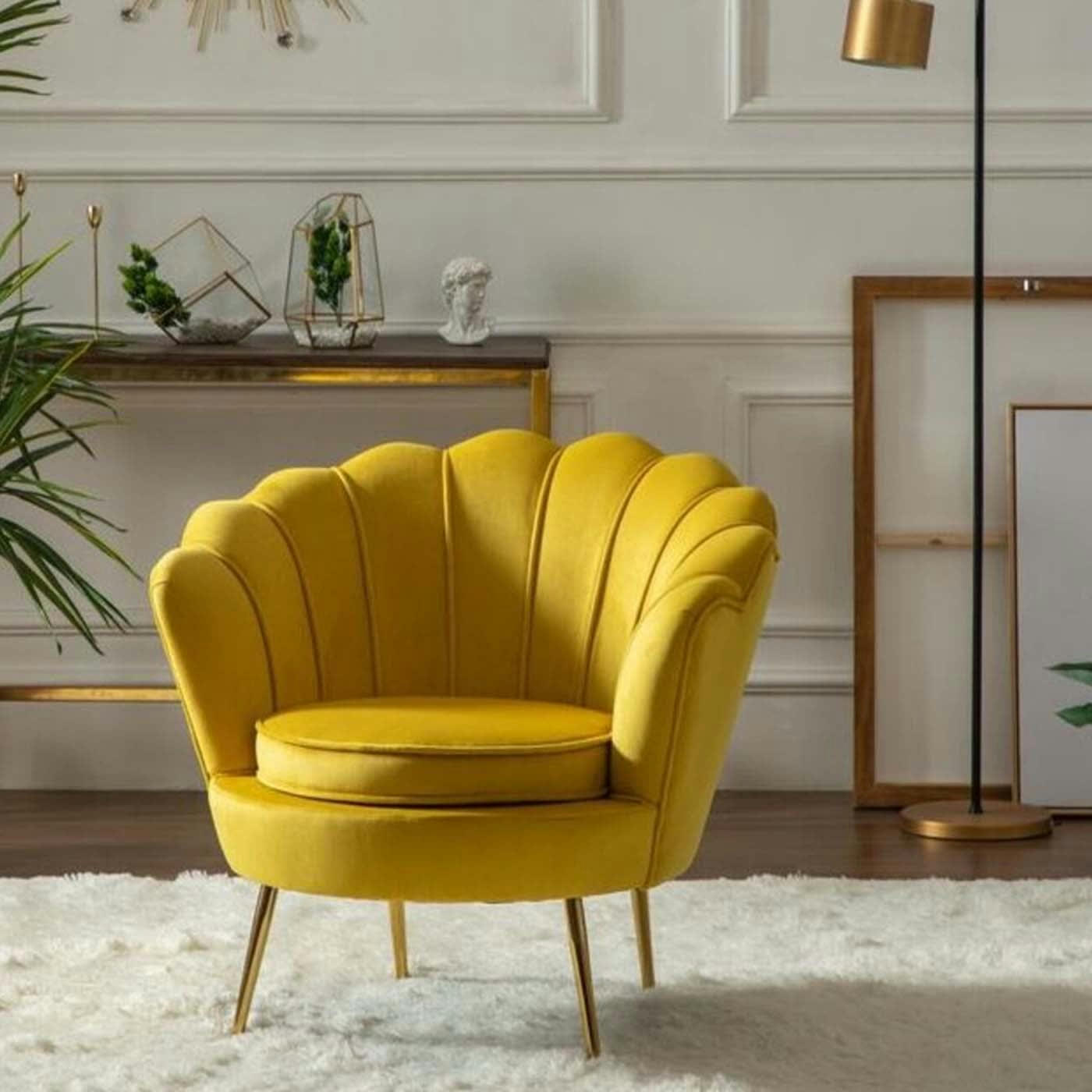 WATER LILY - Fauteuil en velours jaune et acier doré