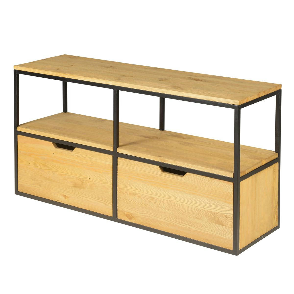 CITY - Meuble TV en bois pin massif ciré et métal