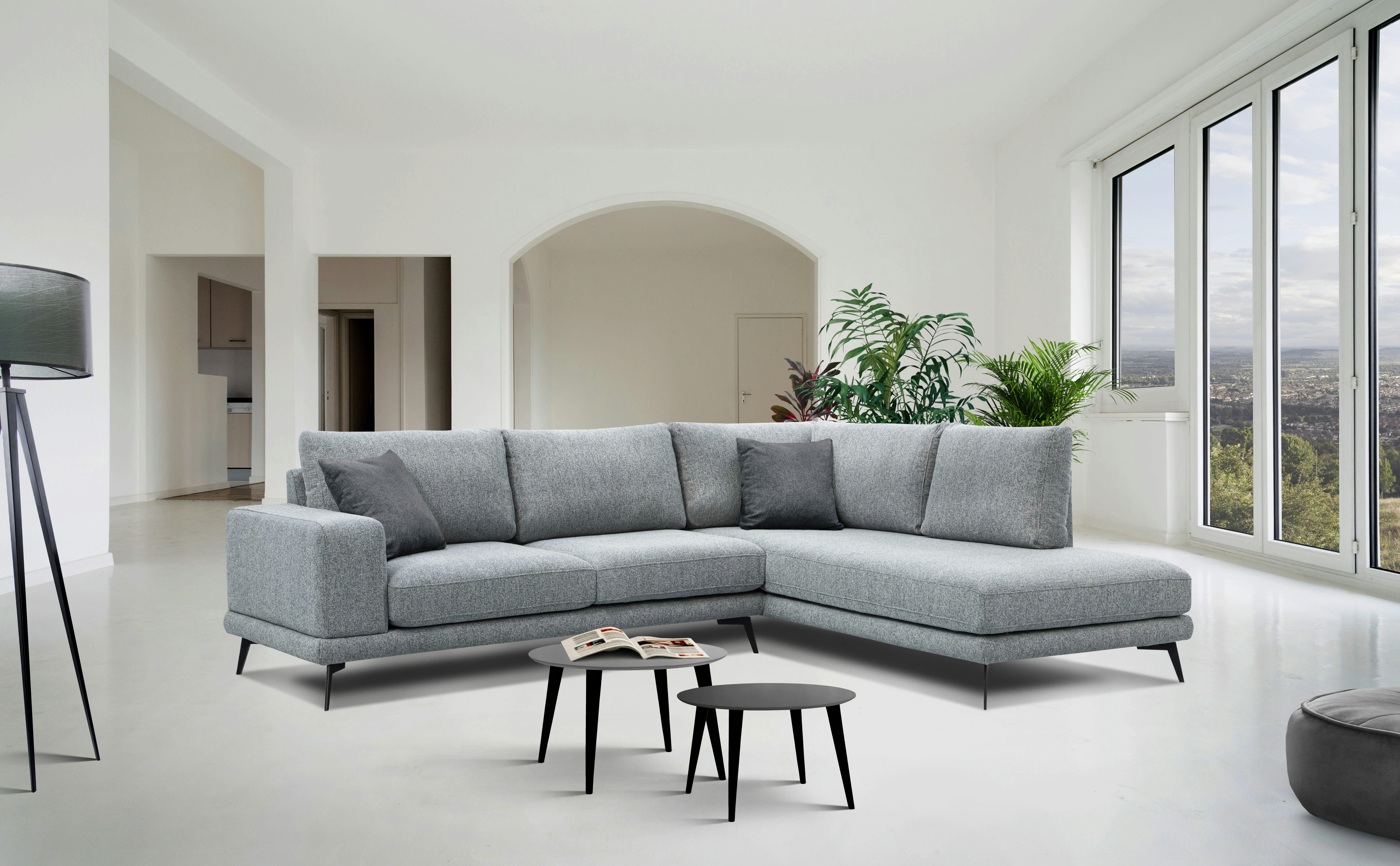 MEDIOLANE - Canapé d'angle droit 5 places tissu gris clair