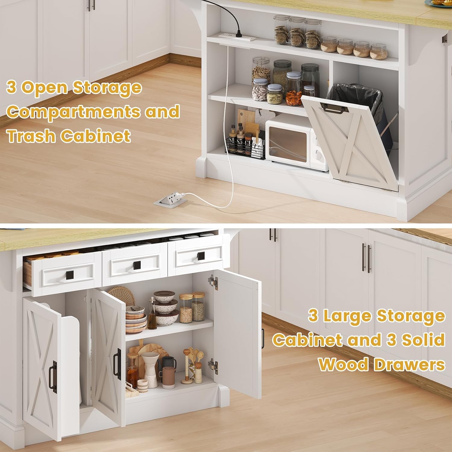 Bigbiglife 71.3 Large Kitchen Island with Drop Leaf, Power Outlet, Kitchen Island Cart w/ 3 Solid Drawers, Island Table with Trash Storage Cabinet & 3 Large Storage Rack, Spice Rack, White