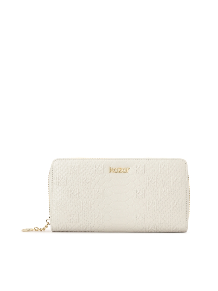 White embossed leather wallet with zipper closure