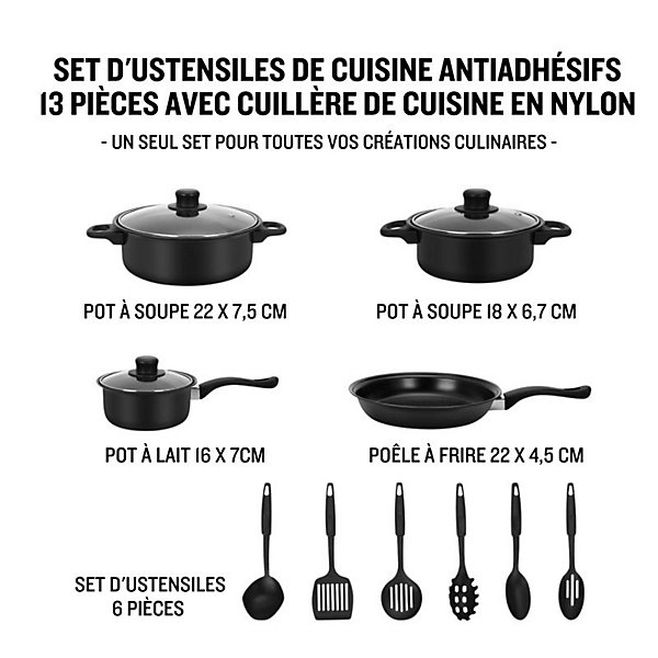Batterie de cuisine 13 pieces avec cuilliere Noir Herzberg HG04241