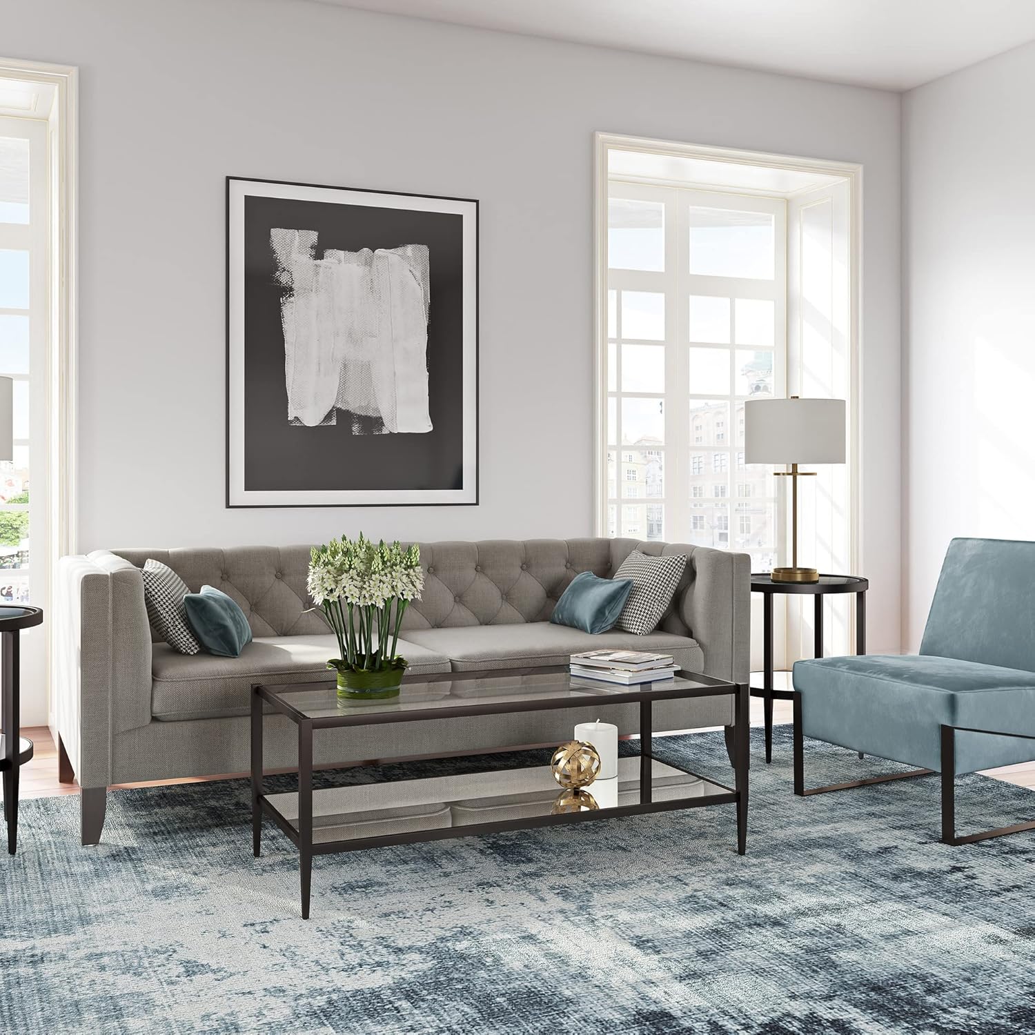 Henn&Hart 45 Wide Rectangular Coffee Table with Mirror Shelf in Blackened Bronze, Modern coffee tables for living room, studio apartment essentials